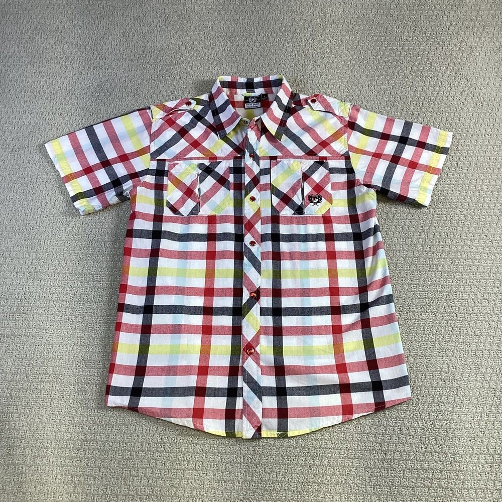 Phat Farm Kids Plaid Short Sleeve Button Up Shirt Size Large Red‎ Yellow